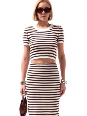Atelier by KIRIOUS Striped Knit two  Piece Set Cream Black Fitted Skirt Crop Top